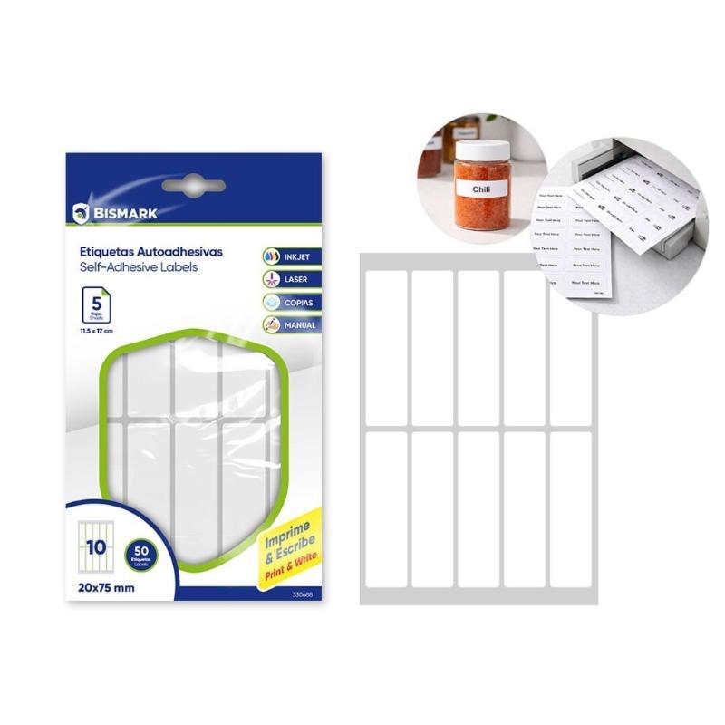 ETIQUETAS ADHESIVAS BLANCAS 20X75 MM - 5 HOJAS
