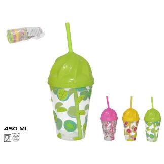 VASO CON CAÑITA JULIO 3 COL SRT 450 ML 9.5X17 CM