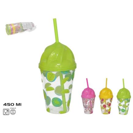 VASO CON CAÑITA JULIO 3 COL SRT 450 ML 9.5X17 CM