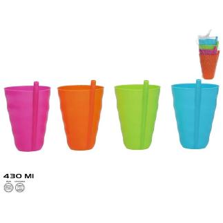 SET 4 VASOS PLASTICO C/PAJITA 430 ML 4 COL