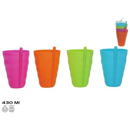 SET 4 VASOS PLASTICO C/PAJITA 430 ML 4 COL