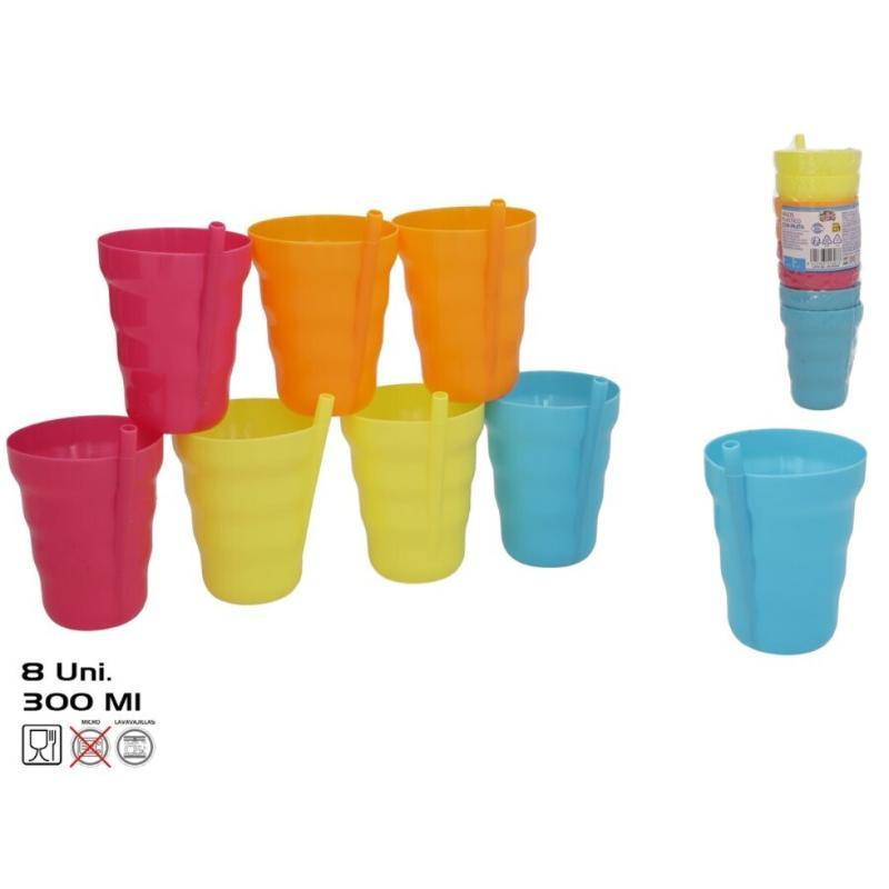 SET 8 VASOS PLASTICO C/PAJITA 300 ML 4 COL
