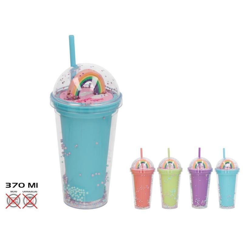 VASO CON PAJITA 10X21 CM 370 ML 4STD UNICORNIO