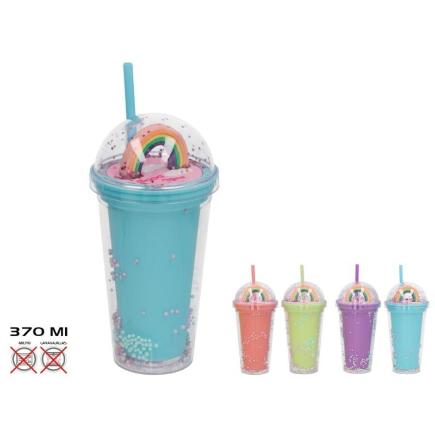 VASO CON PAJITA 10X21 CM 370 ML 4STD UNICORNIO