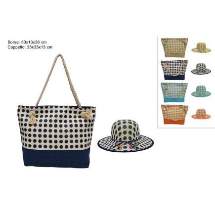 BOLSO + SOBRERO DE PLAYA PAJA FANTASIA LUNARES 4 COL