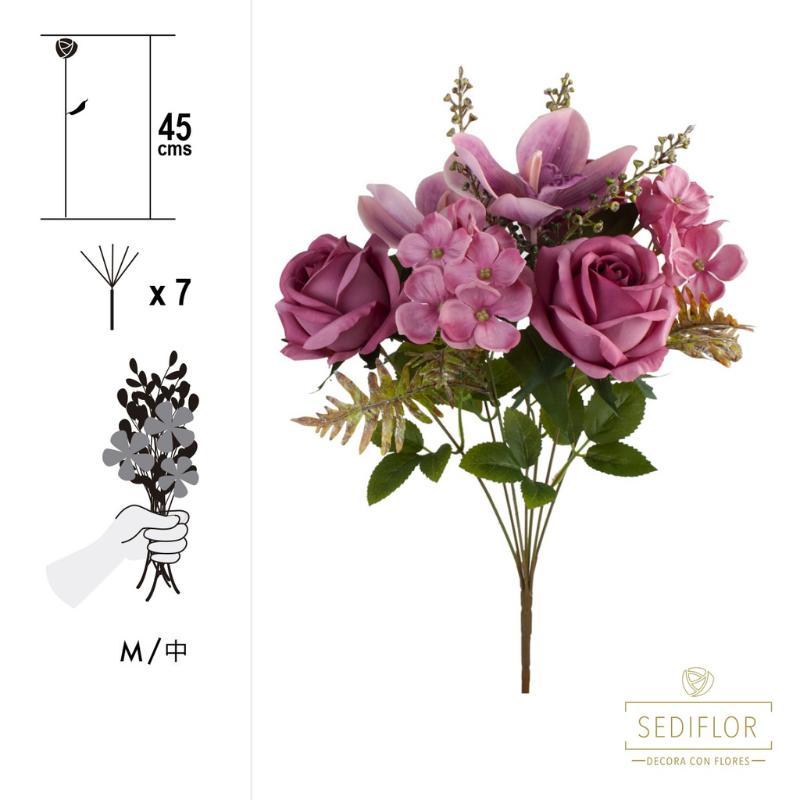 RAMO MIX ROSAS/HORTENSIA 7 TALLOS 45 CM FUCSIA
