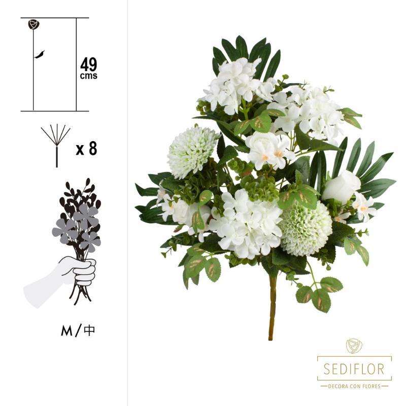 RAMO ENCARADO ROSA/HORTENSIA 8 TALLOS 49 CM BLANCO