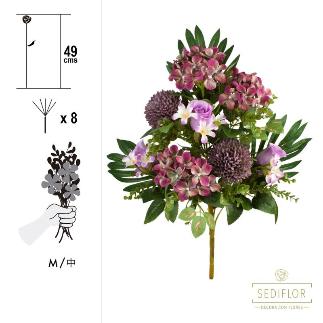 RAMO ENCARADO ROSA/HORTENSIA 8 TALLOS 49 CM MALVA