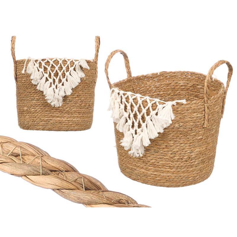 MACETERO MIMBRE MACRAME POMPON BLAN