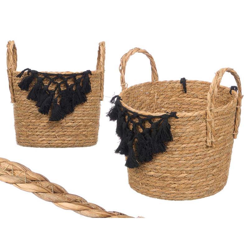 MACETERO MIMBRE MACRAME POMPON NEGRO