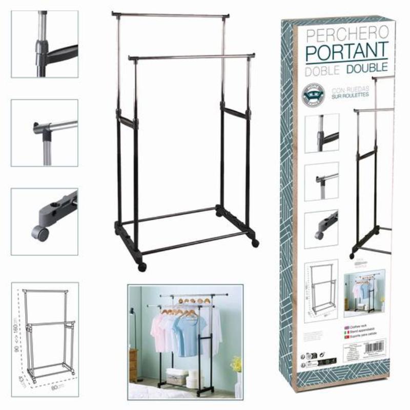 PERCHERO METAL C/RUEDAS DOBLE 80X43X90-160 CM
