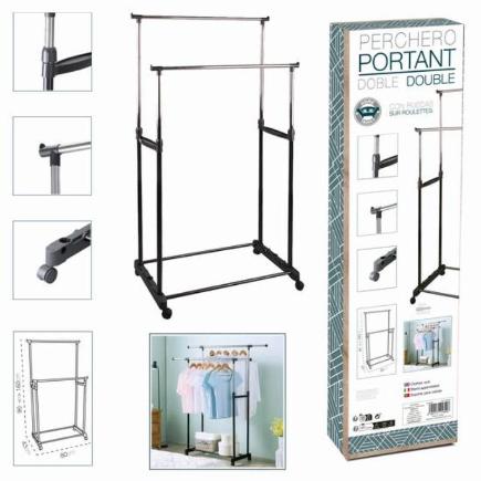 PERCHERO METAL C/RUEDAS DOBLE 80X43X90-160 CM
