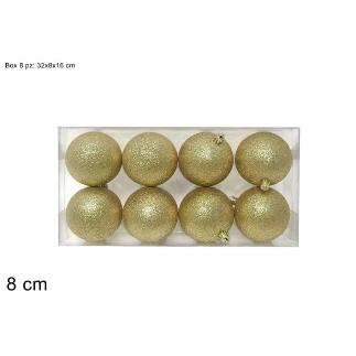 SET 8 PIEZAS BOLA 8 CM DORADAS CON PURPURINA EN CAJA