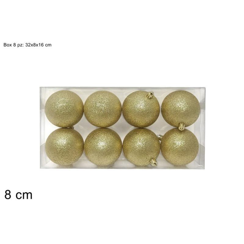 SET 8 PIEZAS BOLA 8 CM DORADAS CON PURPURINA EN CAJA
