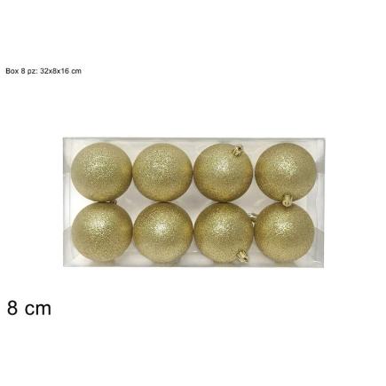 SET 8 PIEZAS BOLA 8 CM DORADAS CON PURPURINA EN CAJA