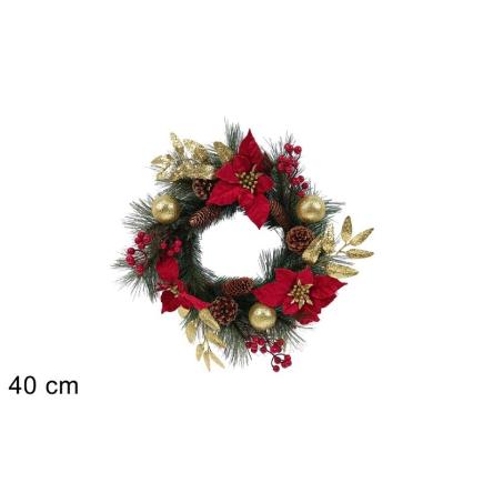 DEC. PUERTA 40 CM FLORES DE NAVIDAD ROJO Y ORO