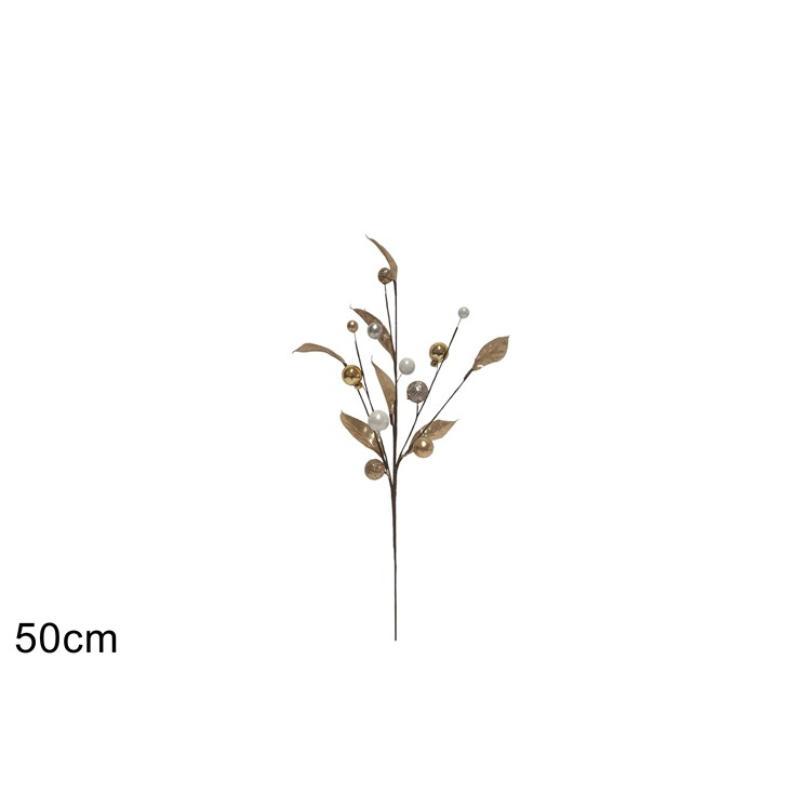 TALLO 50 CM C/HOJAS Y BOLAS ORO BLANCO