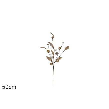 TALLO 50 CM C/HOJAS Y BOLAS ORO BLANCO
