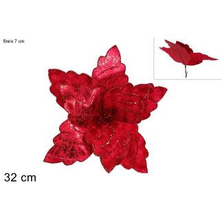 PINZA FLOR VELLO CON GLITTER 32 CM ROJO