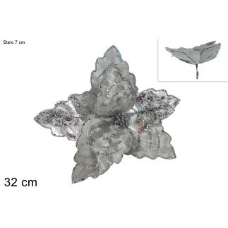PINZA FLOR TERCIOPELO CON BRILLO 32 CM PLATEADA