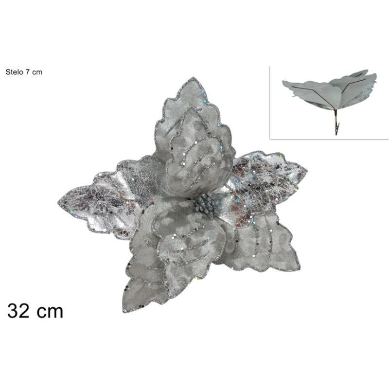 PINZA FLOR TERCIOPELO CON BRILLO 32 CM PLATEADA