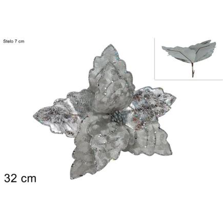 PINZA FLOR TERCIOPELO CON BRILLO 32 CM PLATEADA