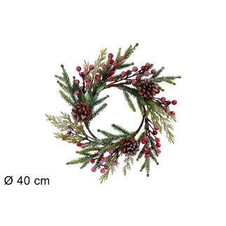 CORONA 40 CM RAMA PVC BAYAS Y PIÑAS NEVADAS
