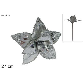 TALLO FLOR PLATEADO 27 CM CON PERLAS