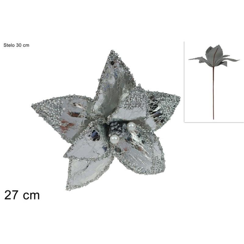 TALLO FLOR PLATEADO 27 CM CON PERLAS