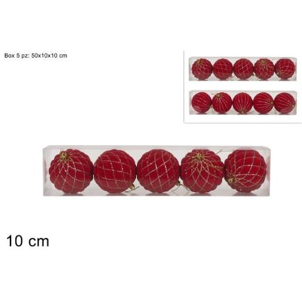 5 PZAS BOLAS DE 10 CM EN 2 SURT TERCIOPELO ROJO CON PURPU