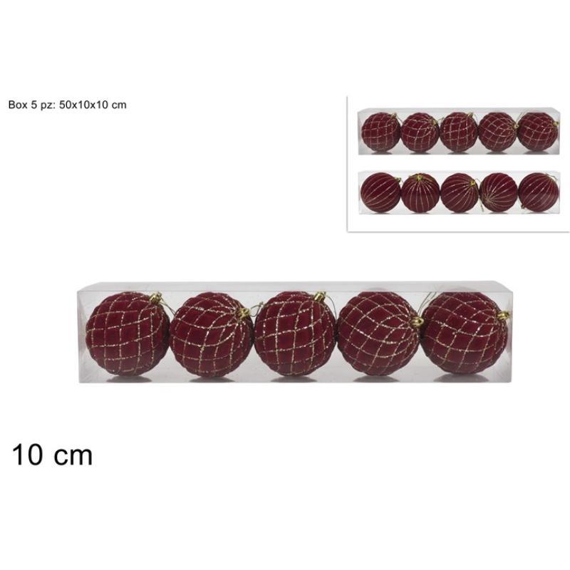5 PIEZAS BOLAS 10 CM EN 2 SURT TERCIOPELO BURDEOS CON PURPU
