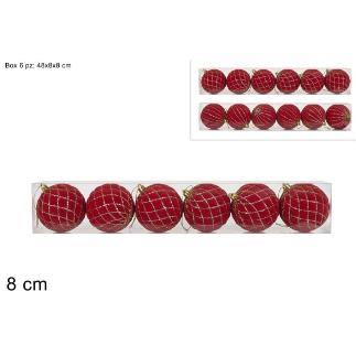 6 PZAS BOLAS 8 CM EN 2 SURT ROJAS CON PURPURINA DORADA