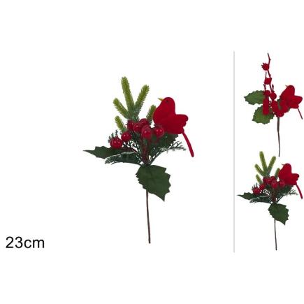 PINZA DECORATIVA CON PAJARITO Y BAYAS, TERCIOPELO ROJO
