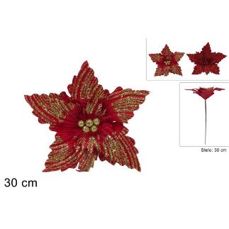 FLOR 30 CM ROJO CON GLITTER ORO