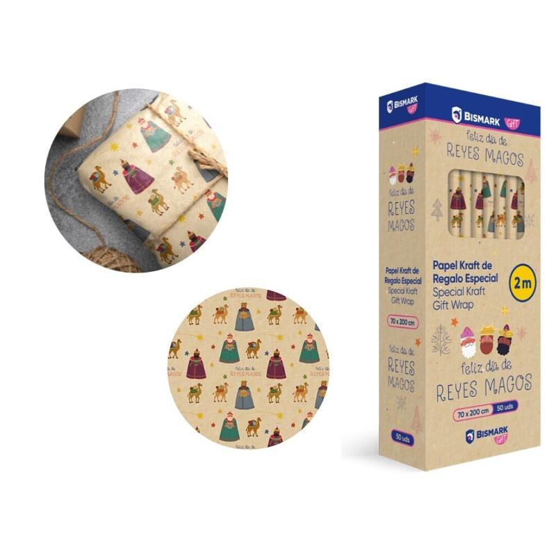 PAPEL DE REGALO KRAFT REYES MAGOS FRASE 70X200