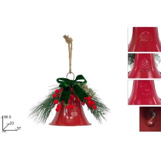 CAMPANA ROJA C/LAZO VERDE TERCIOPELO Y BAYAS ROJAS FLOCADAS
