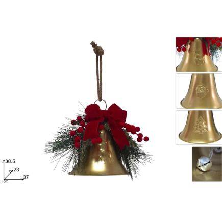 CAMPANA ORO C/LAZO ROJO TERCIOPELO Y BAYAS ROJAS FLOCADAS 3 SURT