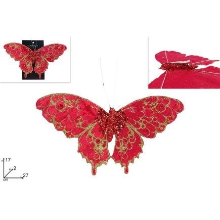 MARIPOSA 17 CM CON PINZA ROJO TERCIOPELO CON PURPURINA ORO