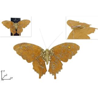 MARIPOSA 17 CM CON PINZA DORADA TERCIOPELO PURPURINA CHAMPAGNE