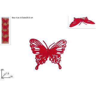 MARIPOSAS DE 8 CM SET DE 4 PIEZAS EFECTO TERCIOPELO ROJO CON PINZA