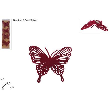 MARIPOSAS DE 8 CM SET DE 4 PIEZAS EFECTO TERCIOPELO BURDEOS CON PINZ
