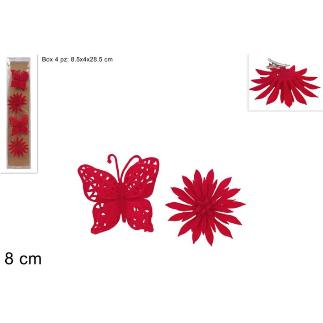 4 SURT FLORES MARIPOSAS ROJAS 8 CM EFET TERCIOPELO CON PINZAS