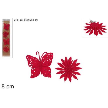 4 SURT FLORES MARIPOSAS ROJAS 8 CM EFET TERCIOPELO CON PINZAS