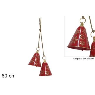 COLGANTE 2 CAMPANAS DE METAL ROJO CON DEC. DE COPO DE NIEVE