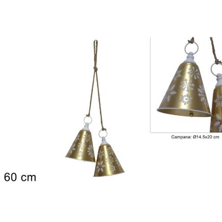 COLGANTE 2 CAMPANAS DE METAL DORADO CON DEC. DE COPO DE NIEVE