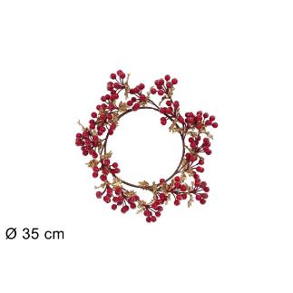 CORONA 35 CM BAYAS ROJAS Y HOJAS ORO