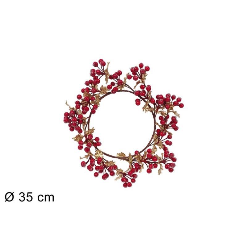 CORONA 35 CM BAYAS ROJAS Y HOJAS ORO