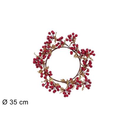 CORONA 35 CM BAYAS ROJAS Y HOJAS ORO