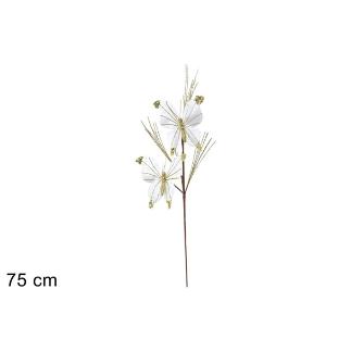 TALLO DE 75 CM CON 2 MARIPOSAS CON EFECTO TERCIOPELO BLANCO BRILLANT