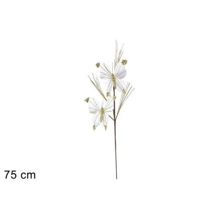 TALLO DE 75 CM CON 2 MARIPOSAS CON EFECTO TERCIOPELO BLANCO BRILLANT